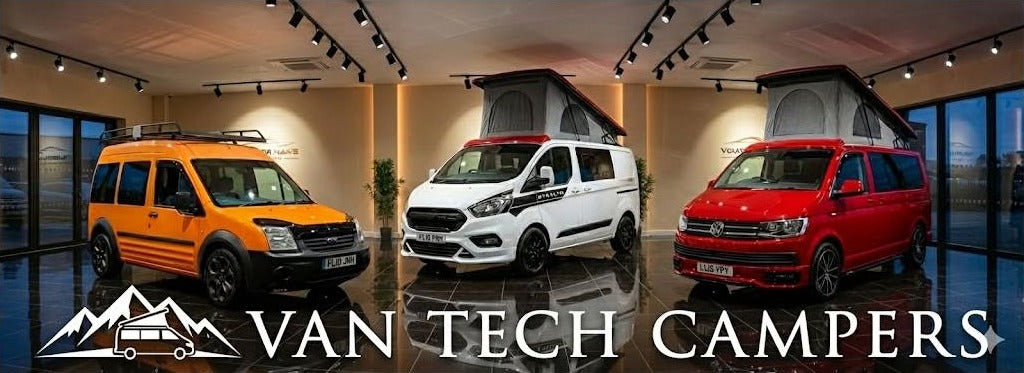 Van Tech Campers display featuring three finished campervans